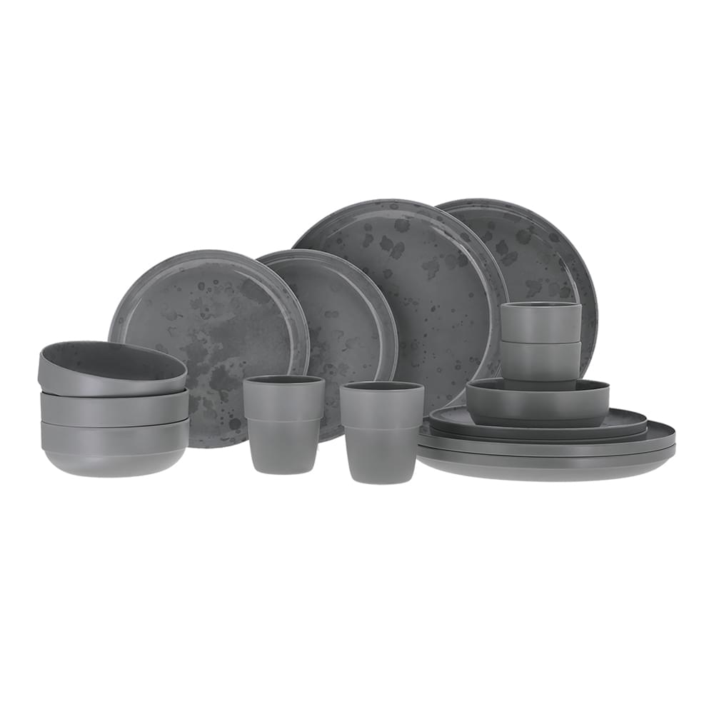 Travellife Palma Camping Serviesset dark grey 16-delig - met anti-slip - Keramiek look - Stevig en krasbestendig melamine